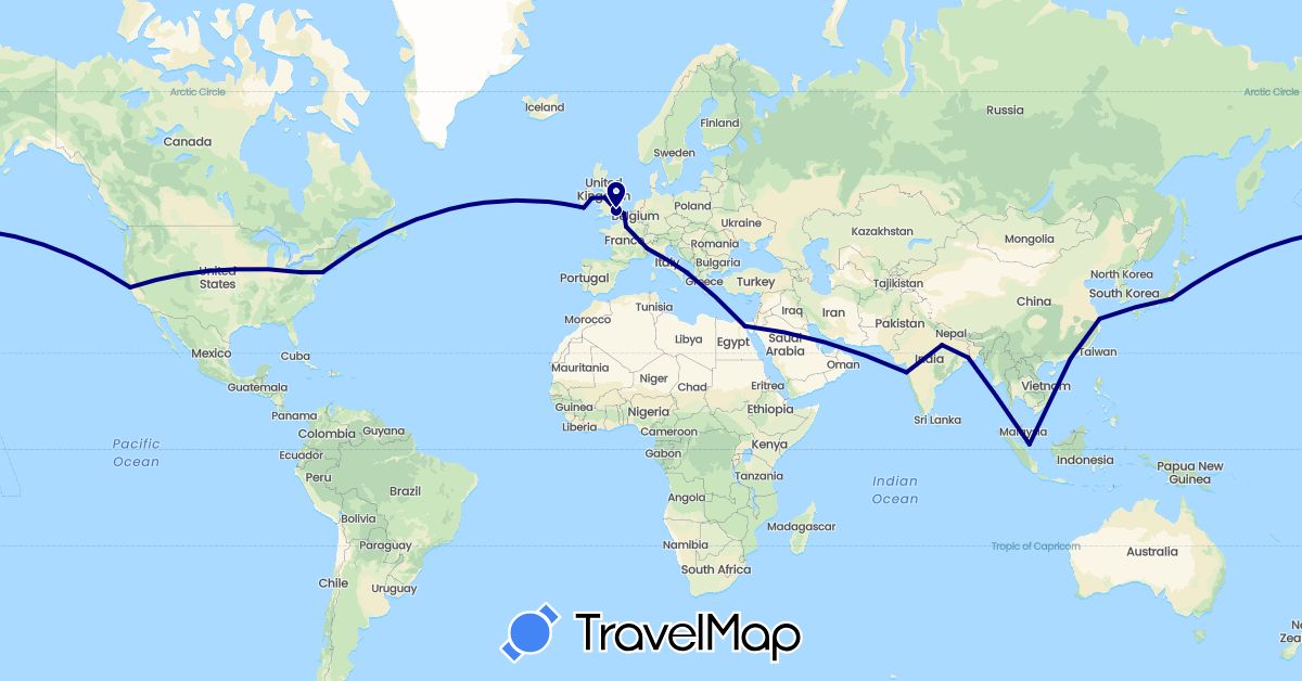 TravelMap itinerary: driving in China, Egypt, France, United Kingdom, Ireland, India, Italy, Japan, Singapore, United States (Africa, Asia, Europe, North America)